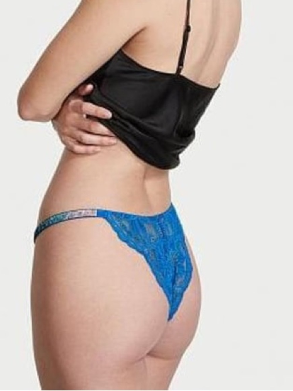 ENAMEL BLUE Victorias Secret Bombshell SHINE Strap Floral LACE BRAZILIAN Panty